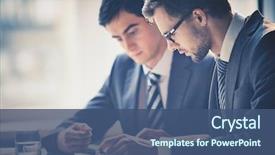  Presentation with meeting - Slide set having businessmen using touchpad at meeting background and a ocean colored foreground