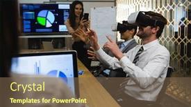  Presentation with office room - Amazing PPT theme having businessmen-using-virtual-reality-headset backdrop and a violet colored foreground