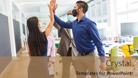  Presentation with face masks - Amazing PPT theme having businessmen-with-face-masks backdrop and a coral colored foreground
