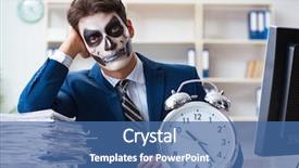  Presentation with face mask - Slide set featuring businessmsn with scary face mask background and a ocean colored foreground