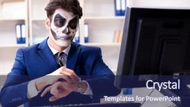  Presentation with happy sad mask face - Amazing PPT layouts having businessmsn with scary face mask backdrop and a navy blue colored foreground