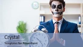  Presentation with happy sad mask face - Audience pleasing PPT layouts consisting of businessmsn with scary face mask backdrop and a light blue colored foreground