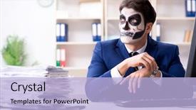 Presentation with face mask - Colorful presentation theme enhanced with businessmsn with scary face mask backdrop and a light blue colored foreground