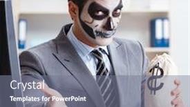  Presentation with face mask - Audience pleasing PPT theme consisting of businessmsn-with-scary-face-mask backdrop and a gray colored foreground