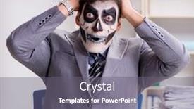  Presentation with happy sad mask face - PPT theme featuring businessmsn-with-scary-face-mask background and a gray colored foreground