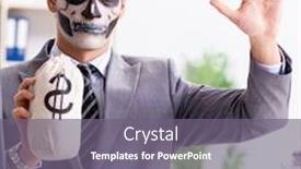  Presentation with face mask - Amazing PPT layouts having businessmsn-with-scary-face-mask backdrop and a gray colored foreground