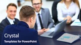  Presentation with conference - Presentation theme featuring businesspeople at business meeting seminar background and a navy blue colored foreground