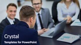  Presentation with staff meeting - Colorful slide deck enhanced with businesspeople at business meeting seminar backdrop and a  colored foreground