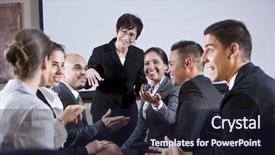  Presentation with group - Slide deck featuring businesspeople conversing with woman standing background and a wine colored foreground