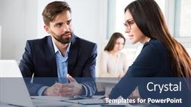  Presentation with new office - Audience pleasing presentation theme consisting of businesspeople discuss a new project in the office backdrop and a ocean colored foreground