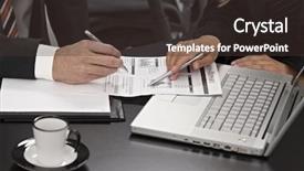  Presentation with business report - Slide set having businesspeople discussing business report background and a tawny brown colored foreground