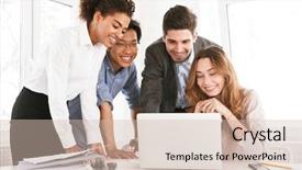  Presentation with cheerful - Audience pleasing slides consisting of businesspeople discussing ideas while look backdrop and a  colored foreground