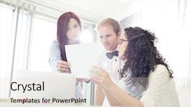  Presentation with photograph - Beautiful presentation theme featuring businesspeople discussing over photograph in creative office backdrop and a lemonade colored foreground