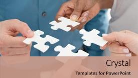  Presentation with jigsaw - PPT theme featuring businesspeople hand holding jigsaw puzzle background and a coral colored foreground
