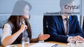  Presentation with discussion room - Slide set enhanced with businesspeople having a discussion in conference room in office background and a light blue colored foreground