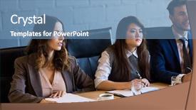  Presentation with discussion room - Presentation design with businesspeople having a discussion in conference room in office background and a teal colored foreground