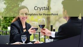  Presentation with fine dining - Colorful presentation enhanced with businesspeople having business lunch outside backdrop and a yellow colored foreground