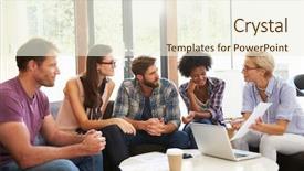  Presentation with meeting - Slide deck enhanced with businesspeople having informal meeting background and a cream colored foreground