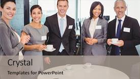  Presentation with tea patti - PPT layouts enhanced with businesspeople having tea during breaktime background and a mint green colored foreground