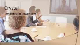  Presentation with video conference - PPT theme having businesspeople having video conference background and a coral colored foreground