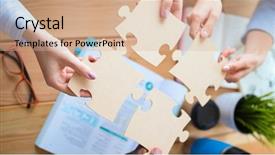  Presentation with jigsaw - Audience pleasing PPT theme consisting of businesspeople holding jigsaw puzzle backdrop and a coral colored foreground