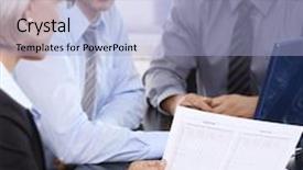  Presentation with meeting table - Audience pleasing PPT theme consisting of group review - businesspeople in discussion sitting together backdrop and a light blue colored foreground