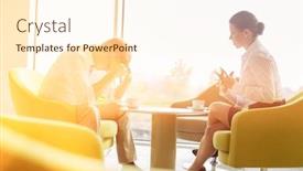  Presentation with discussion - Audience pleasing PPT theme consisting of businesspeople in serious discussion at office lobby backdrop and a cream colored foreground