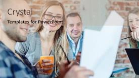  Presentation with company - Beautiful slide deck featuring businesspeople-in-startup-company-looking backdrop and a coral colored foreground