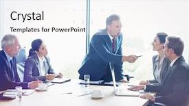  Presentation with board meeting room chairs - Presentation theme with businesspeople interacting in conference room background and a white colored foreground