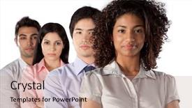  Presentation with group - Beautiful slide set featuring businesspeople isolated on white background backdrop and a coral colored foreground