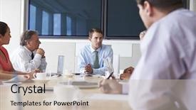  Presentation with kick off meeting crystal - Slide deck having businesspeople meeting around boardroom table background and a soft green colored foreground