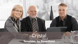  Presentation with meeting table - PPT theme with businesspeople meeting with senior executive sitting at table smiling at camera background and a gray colored foreground