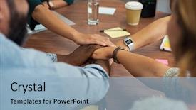  Presentation with people unity - Amazing PPT layouts having businesspeople putting hands together unity backdrop and a light blue colored foreground