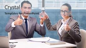  Presentation with award presentation - Slides enhanced with businesspeople receiving award prize background and a light blue colored foreground