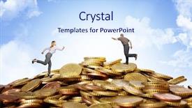  Presentation with roman columns money - PPT theme featuring businesspeople running on money coins background and a sky blue colored foreground