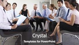  Presentation with company - Cool new PPT theme with businesspeople seated in circle at company seminar backdrop and a dark gray colored foreground