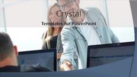  Presentation with shaking hands - Colorful slide deck enhanced with businesspeople-shaking-hands-against-room backdrop and a light gray colored foreground