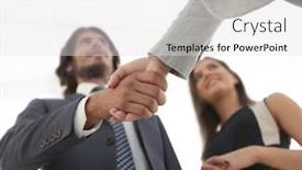  Presentation with shaking hands - Presentation design consisting of businesspeople-shaking-hands-against-room background and a light gray colored foreground