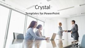  Presentation with board meeting room chairs - Presentation theme enhanced with businesspeople shaking hands in board background and a white colored foreground