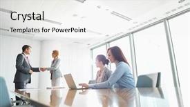  Presentation with board meeting room chairs - Colorful presentation theme enhanced with business men standing - businesspeople shaking hands in board backdrop and a white colored foreground