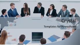  Presentation with round table - Colorful slide deck enhanced with businesspeople sitting at conference round backdrop and a light blue colored foreground