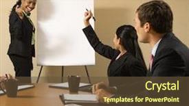  Presentation with conference table - Colorful PPT theme enhanced with businesspeople sitting at conference table while businesswoman gives presentation backdrop and a tawny brown colored foreground