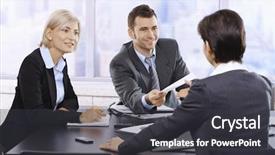  Presentation with meeting table - Presentation enhanced with businesspeople smiling at meeting businessman handing over document sitting at table background and a dark gray colored foreground