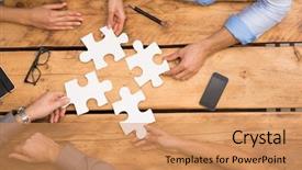  Presentation with together puzzle pieces - Beautiful slides featuring businesspeople solving jigsaw puzzle backdrop and a coral colored foreground