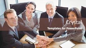  Presentation with office room - Slide set with businesspeople stacking hands in conference room in office background and a tawny brown colored foreground