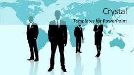  Presentation with abstract blue map - PPT theme consisting of businesspeople standing against an animated background and a arctic colored foreground