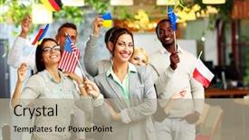  Presentation with group - Colorful PPT layouts enhanced with businesspeople standing with flag backdrop and a mint green colored foreground