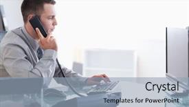  Presentation with young man on the phone - Colorful presentation design enhanced with businesspeople talkin telephone - young businessman typing while backdrop and a  colored foreground