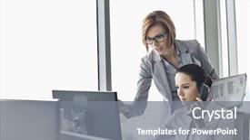 Presentation with monitor computer - Audience pleasing presentation design consisting of businesspeople talkin telephone - young businesswoman using landline phone backdrop and a gray colored foreground