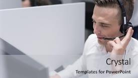  Presentation with call duty mobile - Presentation theme having businesspeople talkin telephone - young smiling male call centre background and a light gray colored foreground